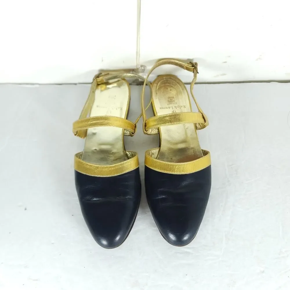 Ralph Lauren Women's Vtg US 7D Black Gold Leather Slingback Flats Sandals Shoes